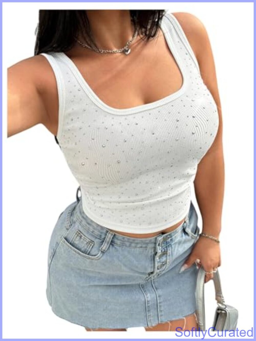 Plus Size Rhinestone Tank Top Square Neck Sleeveless Rib Knit